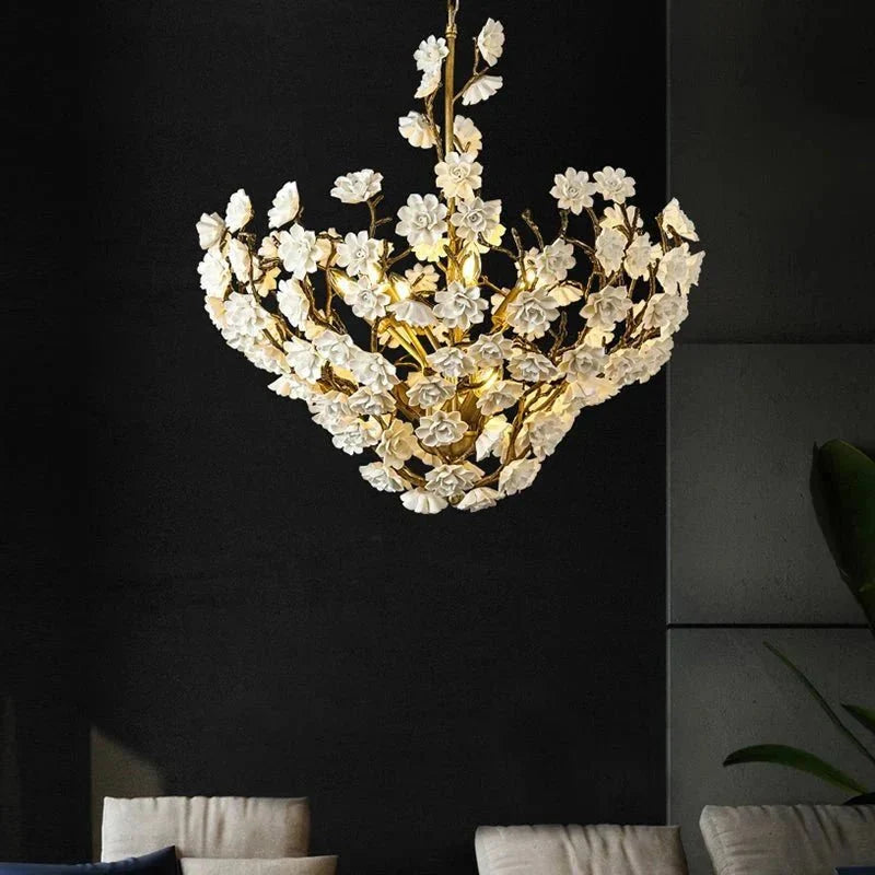 Brass and Ceramic Flower Art Chandelier Post Modern Light Luxury Style for Living and Dining Areas - 6 Lights: D18.5"*H21.7"Warm Lightcasivra