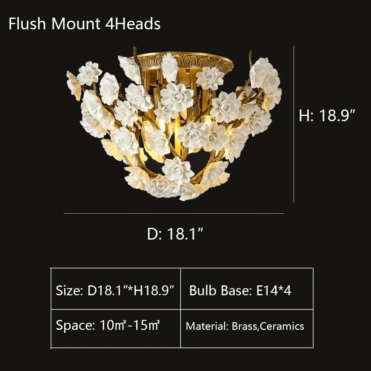 Brass and Ceramic Flower Art Chandelier Post Modern Light Luxury Style for Living and Dining Areas - Flush Mount: D18.1"*H18.9"Warm Lightcasivra