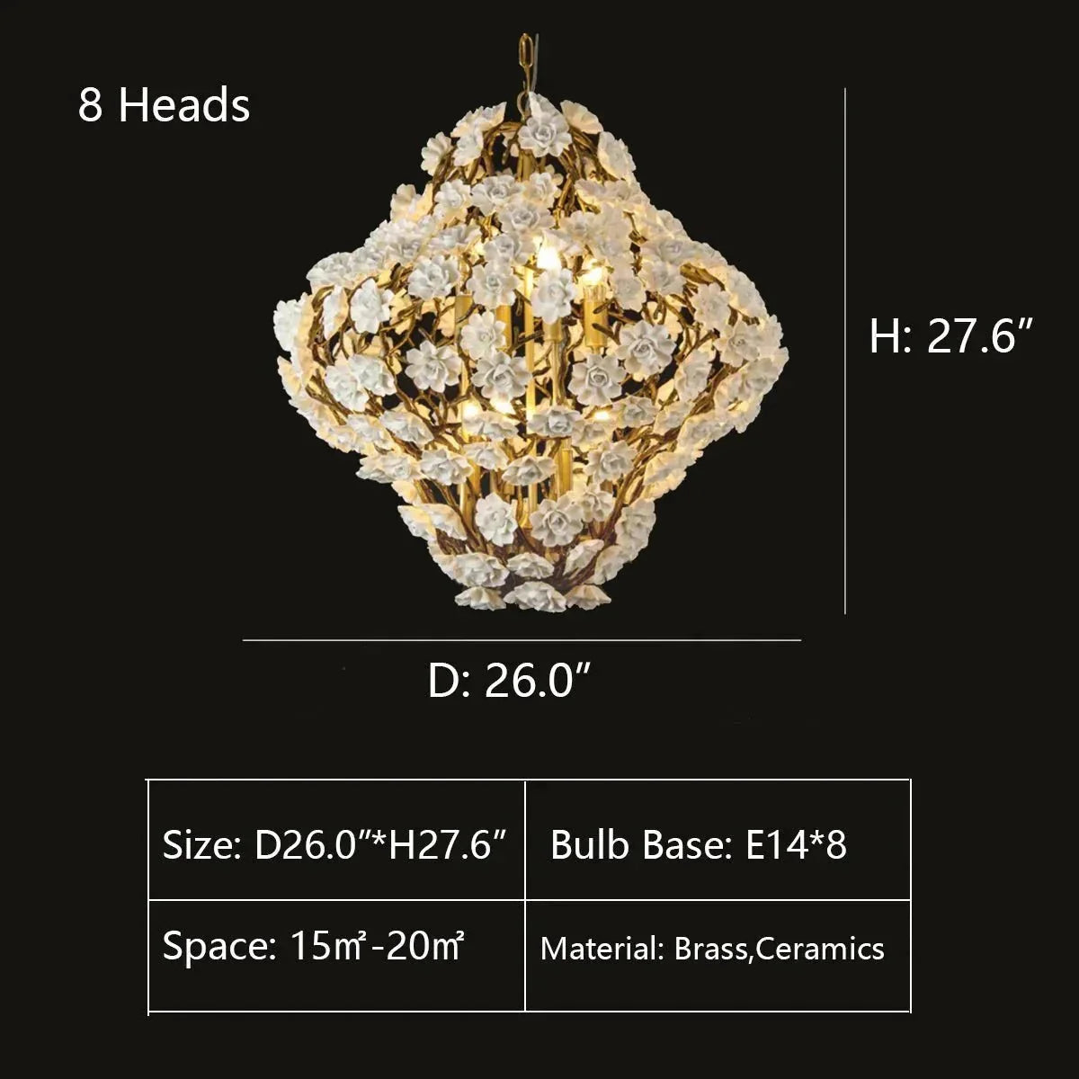 Brass and Ceramic Flower Art Chandelier Post Modern Light Luxury Style for Living and Dining Areas - 8 Lights: D26.0"*H27.6"Warm Lightcasivra