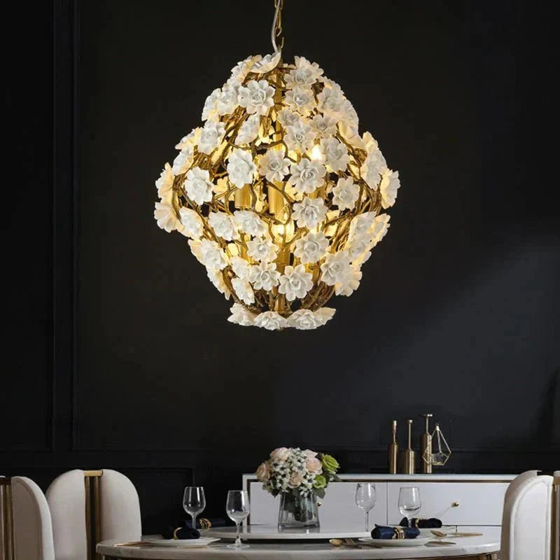 Brass and Ceramic Flower Art Chandelier Post Modern Light Luxury Style for Living and Dining Areas - 6 Lights: D18.5"*H21.7"Warm Lightcasivra