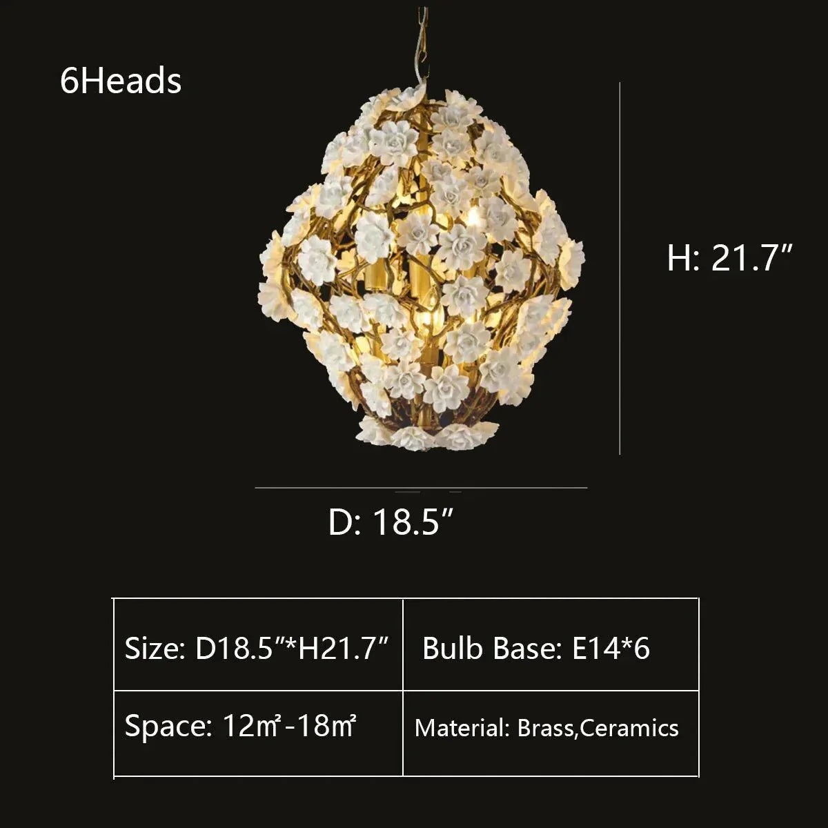 Brass and Ceramic Flower Art Chandelier Post Modern Light Luxury Style for Living and Dining Areas - 6 Lights: D18.5"*H21.7"Warm Lightcasivra
