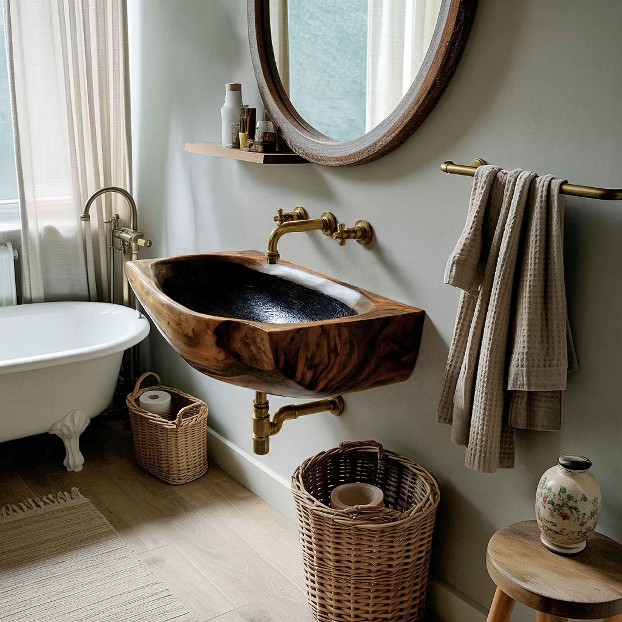 Modern Wall Mounted Wooden Bathroom Sink For Elegant Bathroom Interior