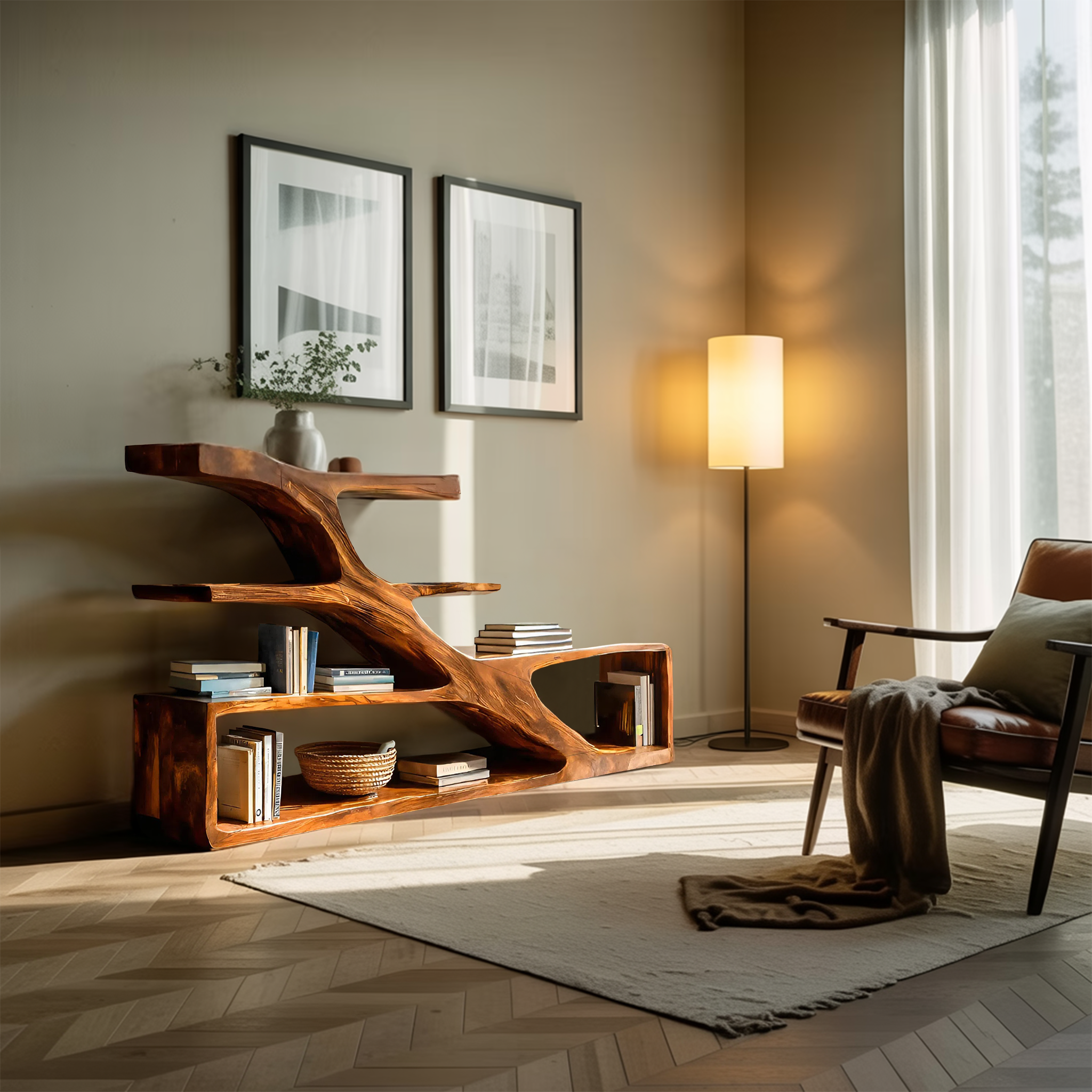 Modern Sculptural Curved Bookcase For Living Room Interior
