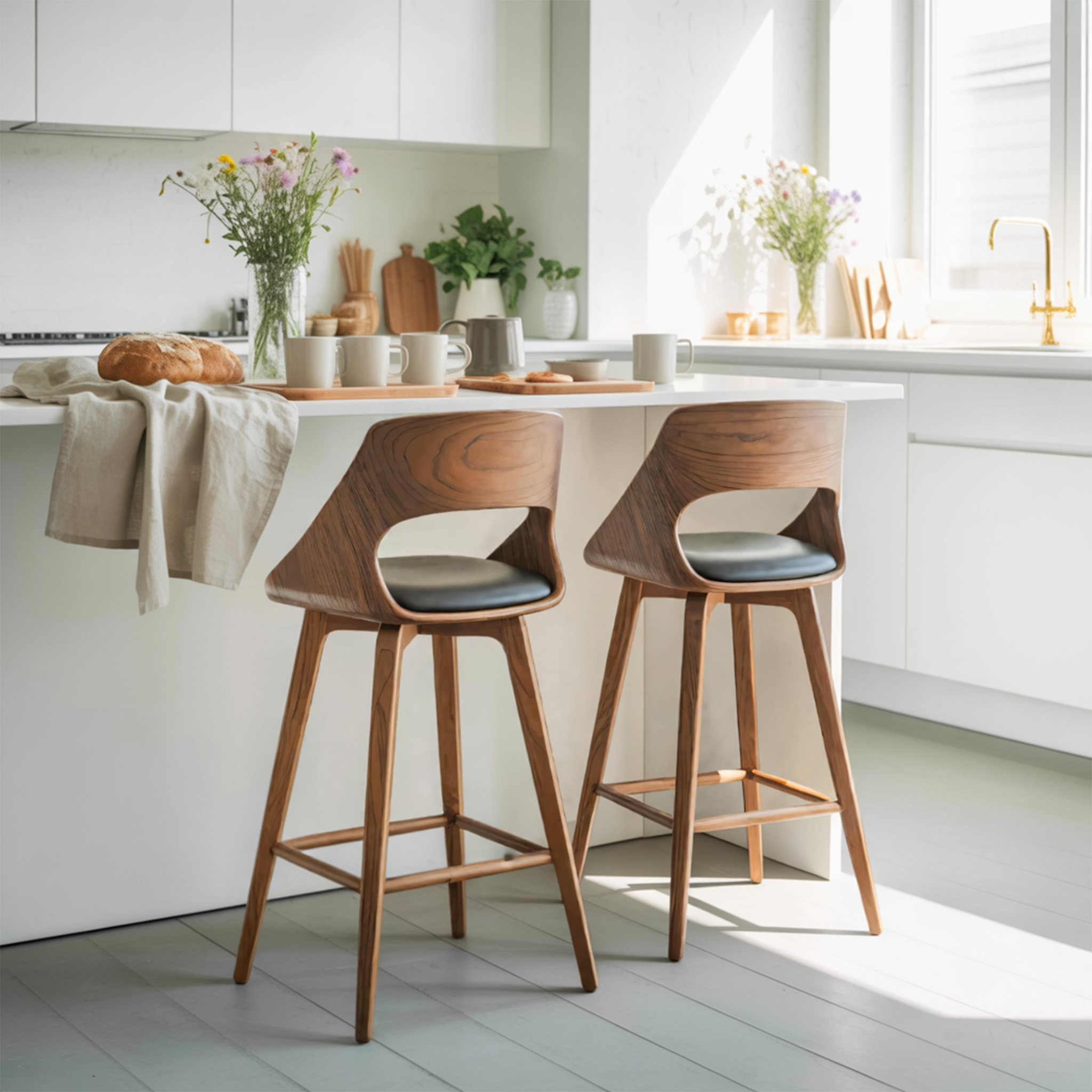 Mid Century Modern Bar Stool with Backrest For Kitchen Home Bar