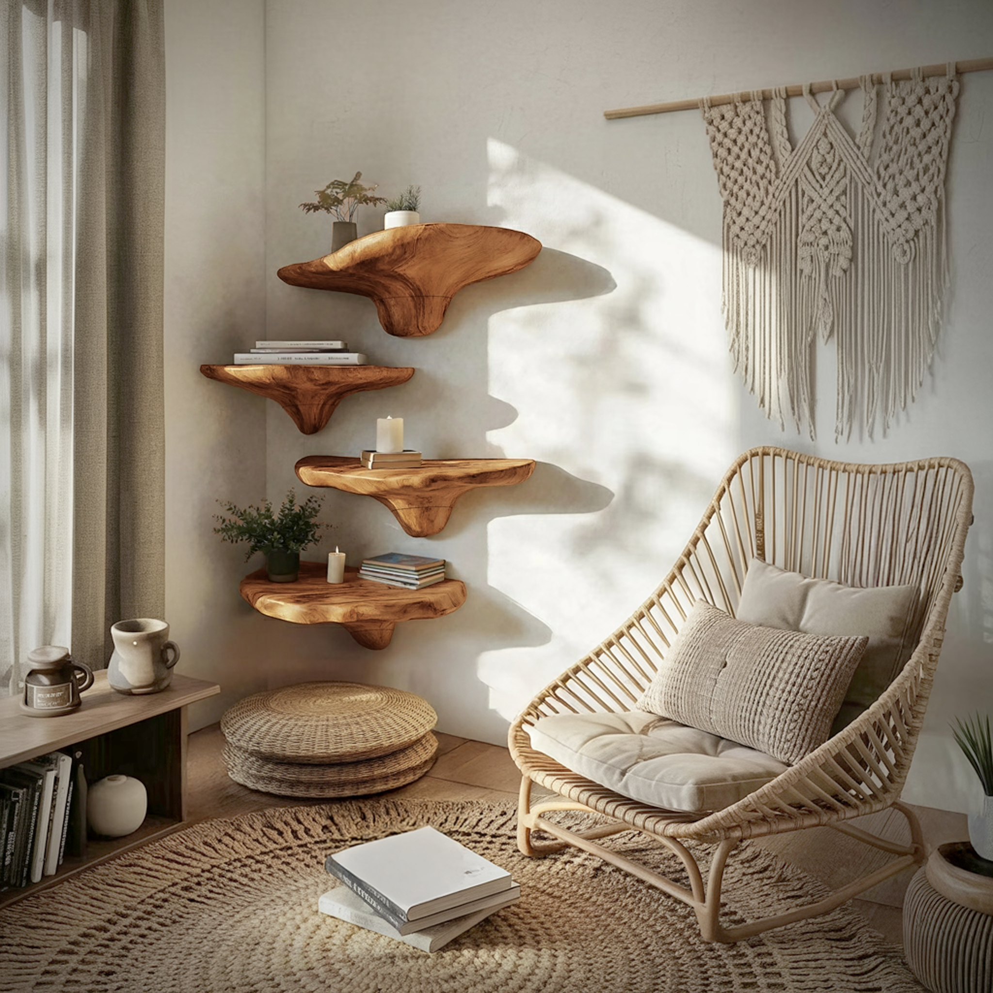 Mid Century Wooden Live Edge Mushroom Shelf For Organic Interior Decor