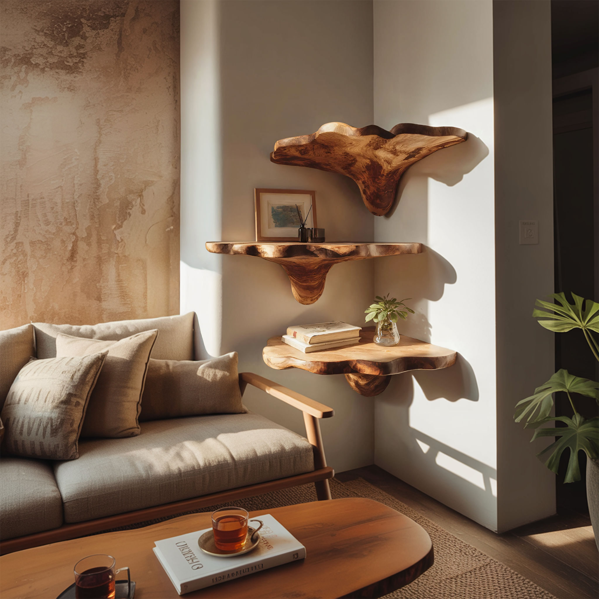 Handcrafted Wooden Live Edge Mushroom Shelf For Entryway Design