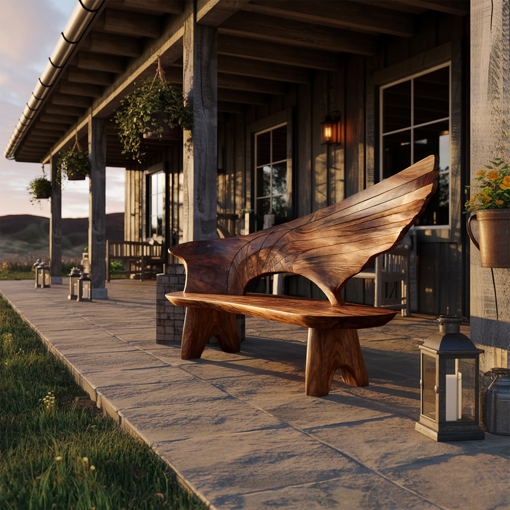 Outdoor Bench With Wing Inspired Carved Backrest For Garden