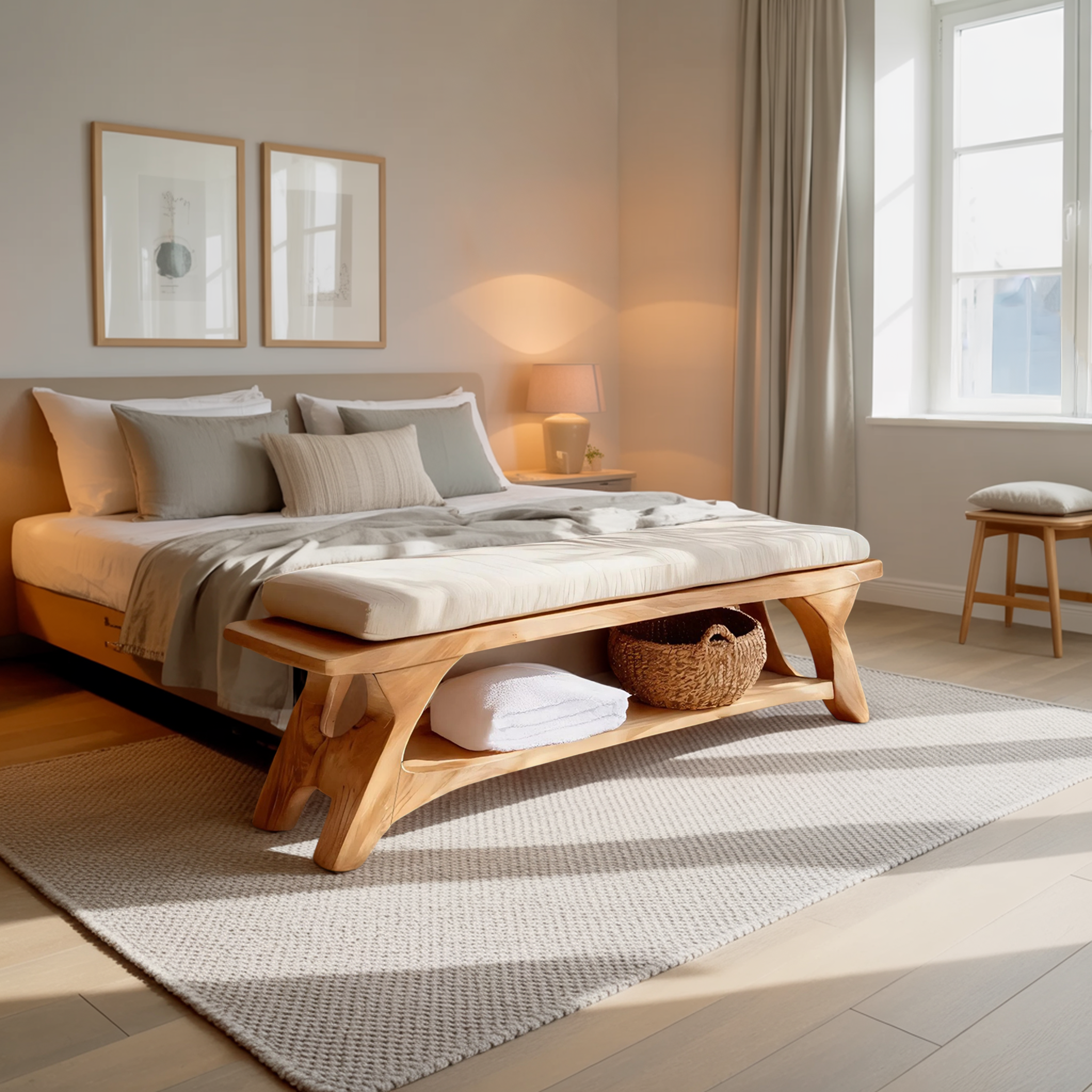 Mid Century Solid Wood Bench For Bedroom Accent