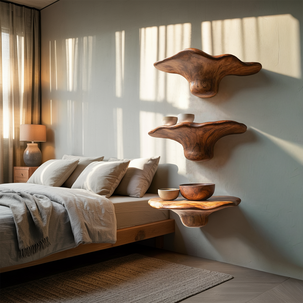 Handcrafted Solid Wood Mushroom Shelf For Bedroom Wall Decor