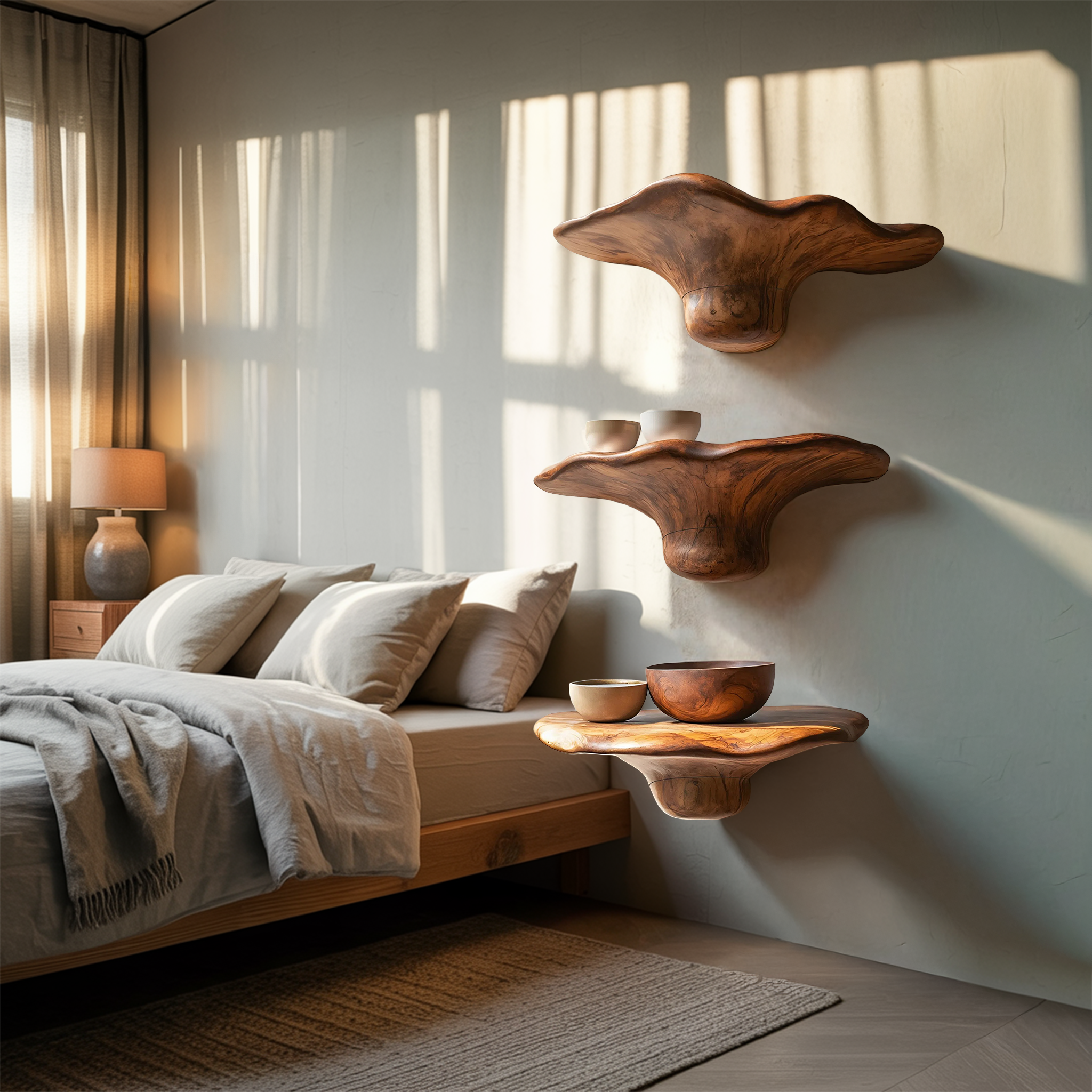 Handcrafted Solid Wood Mushroom Shelf For Bedroom Wall Decor