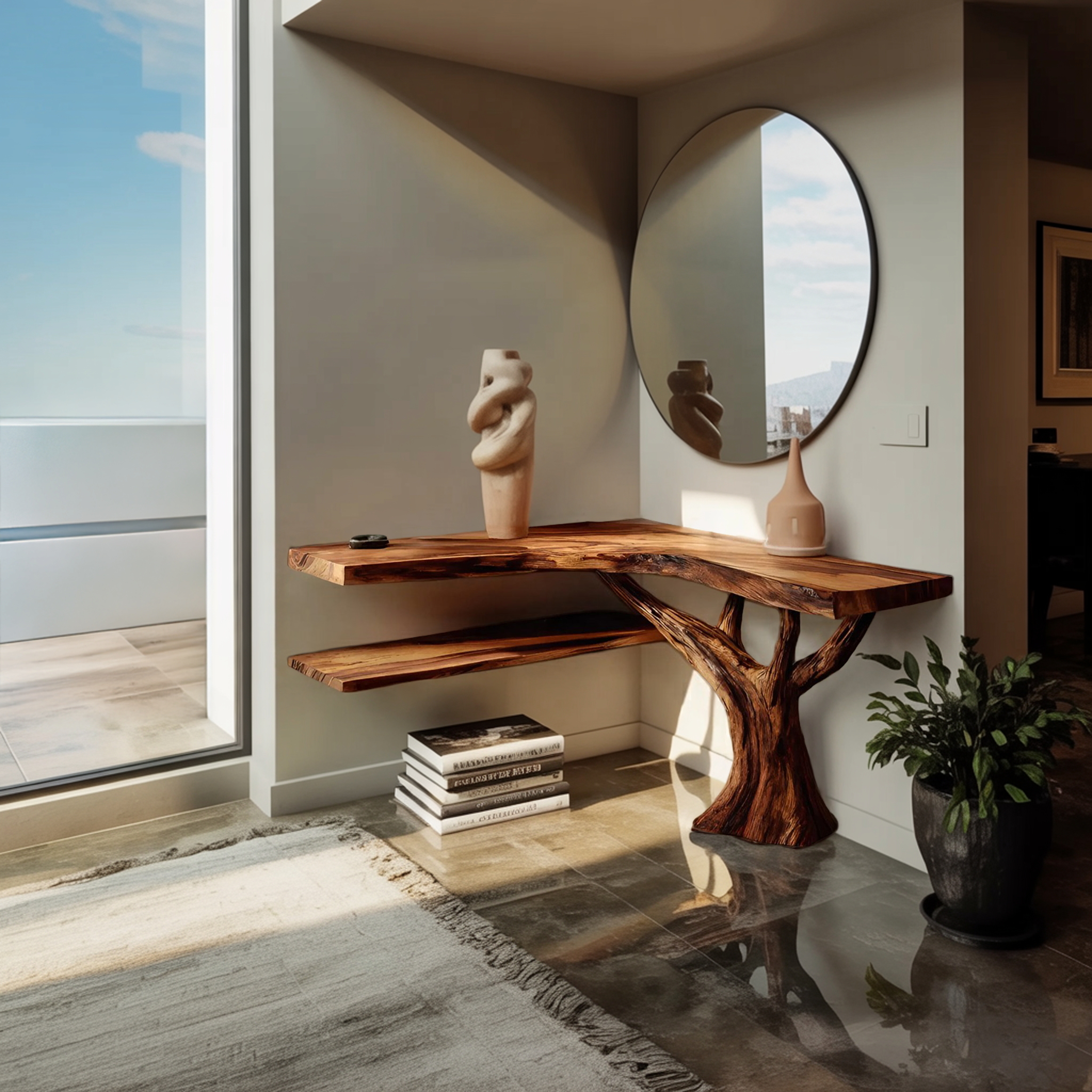 Mid Century Solid Wood Console Table Artistic Sculptural For Bedroom Decor