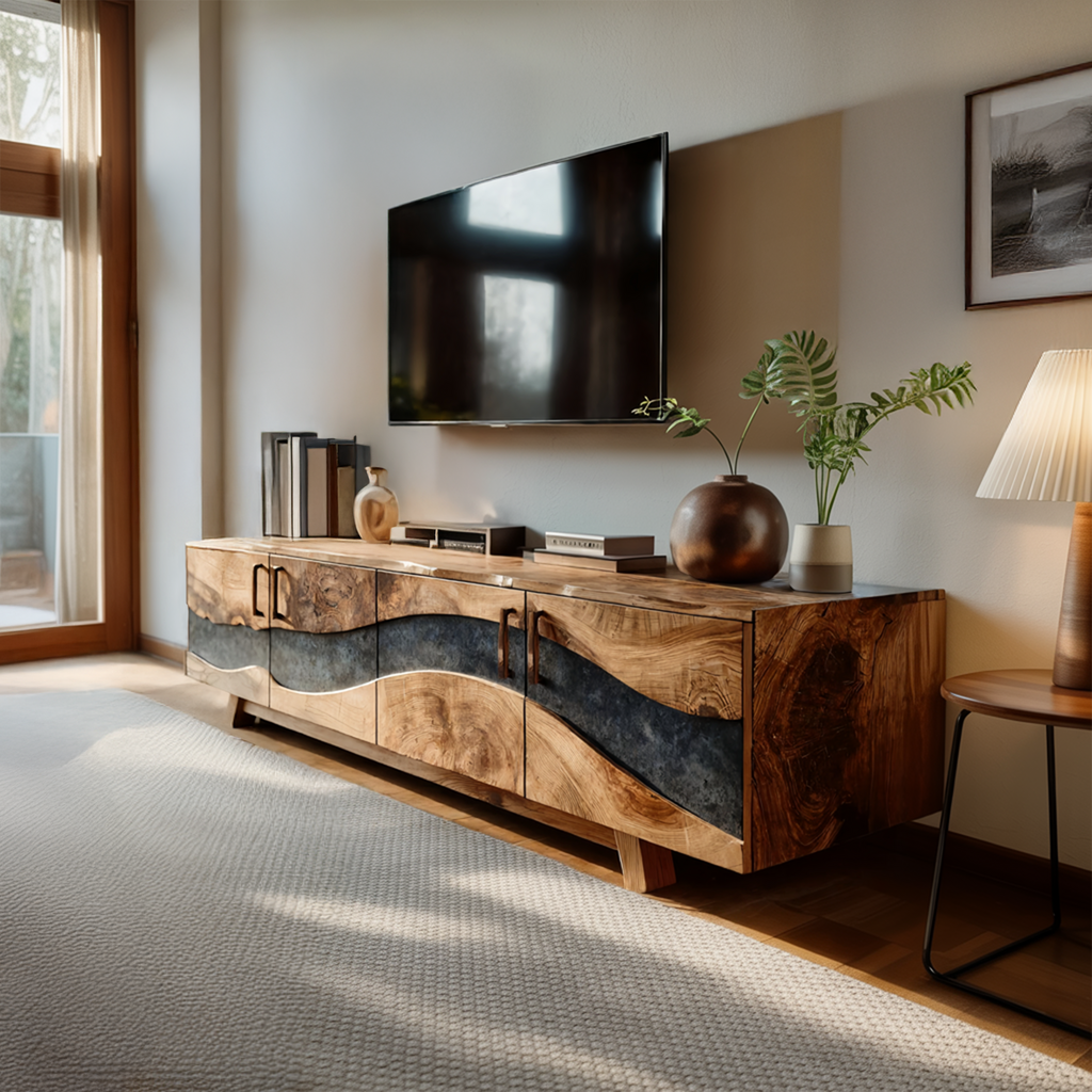 Mid Century Wooden Live Edge TV Stand For Living Room Decor
