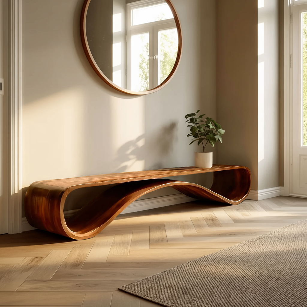 Contemporary Sleek Curved Bench For Entryway Or Home Decor