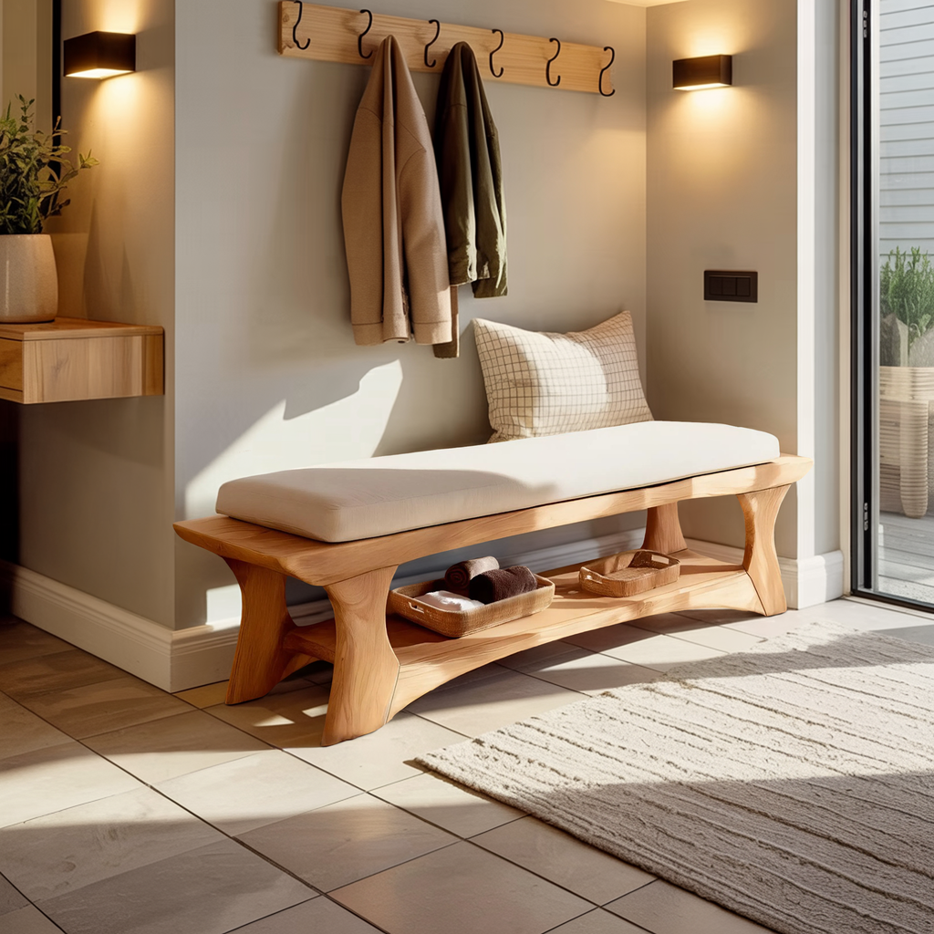 Minimalist Curved Wood Bench For End-of-Bed Design