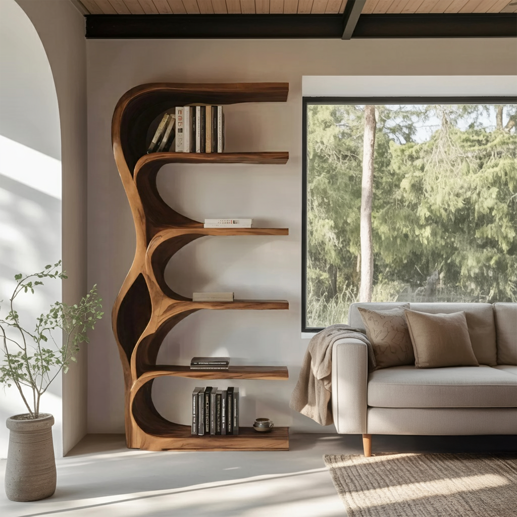 Organic Bookshelf With Curved Open Shelving For Bedroom Decor