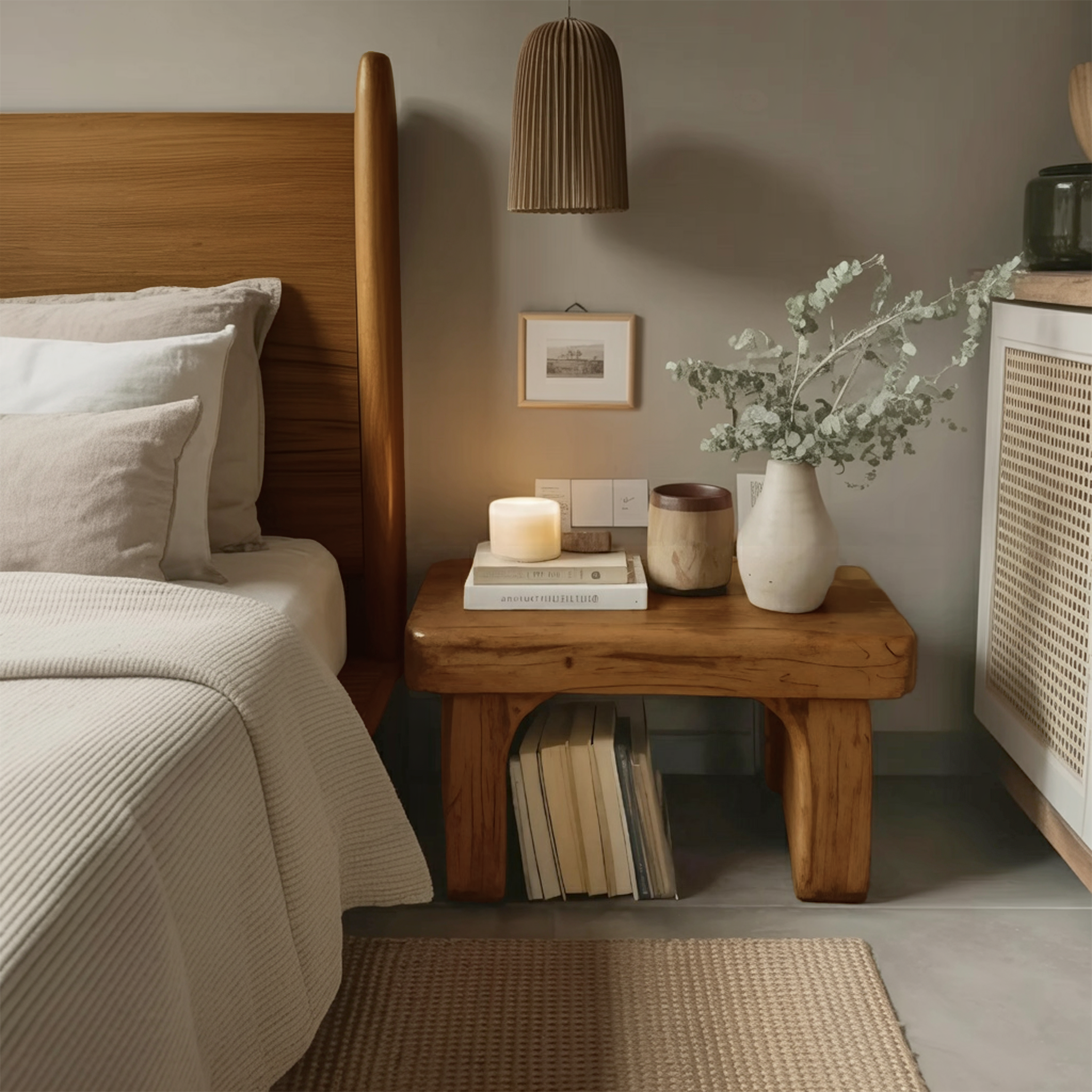 Rustic Nightstand Low Bedside Table With Shelf For Bedroom And Meditation
