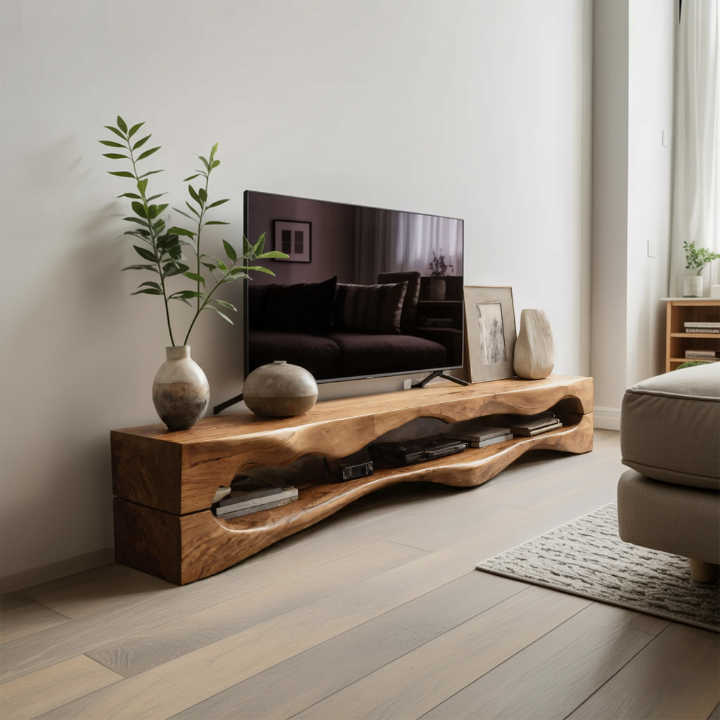Contemporary Sculptural TV Stand Wavy Carved For Living Room