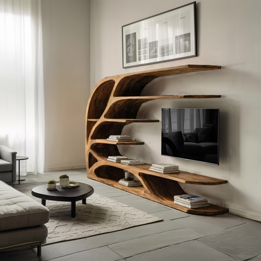 Modern Sculptural Wavy Carved Media Console For Living Room