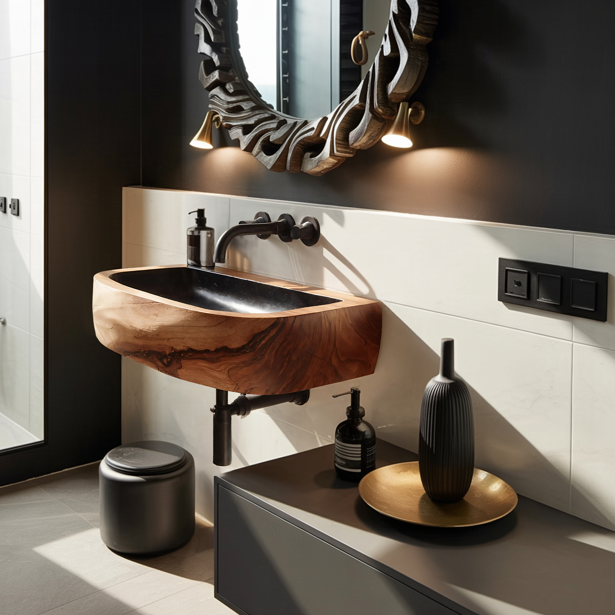 Mid Century Wall Mounted Wooden Bathroom Sink For Modern Bathroom Decor