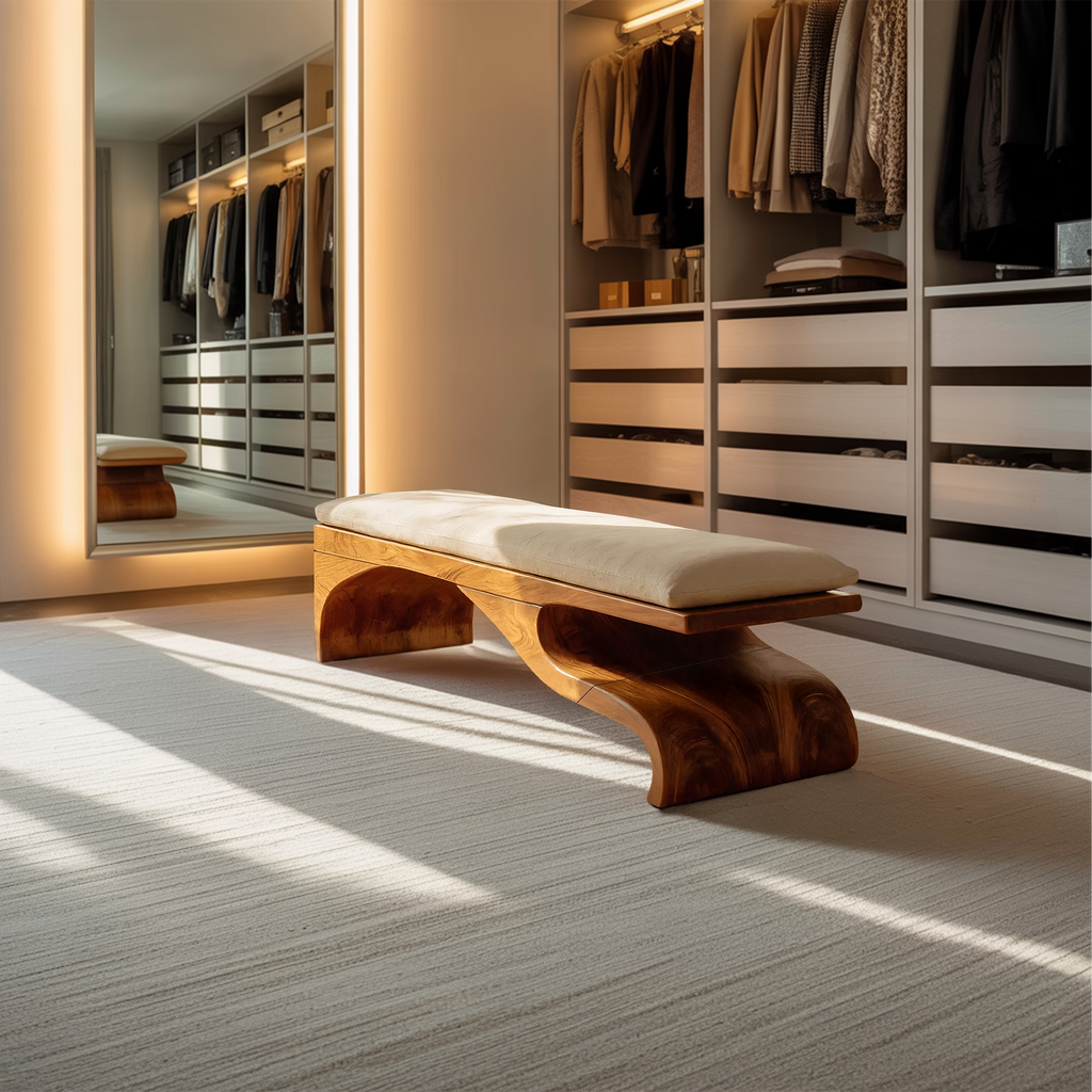 Modern Sculptural Wooden Bench For Bedroom Decor