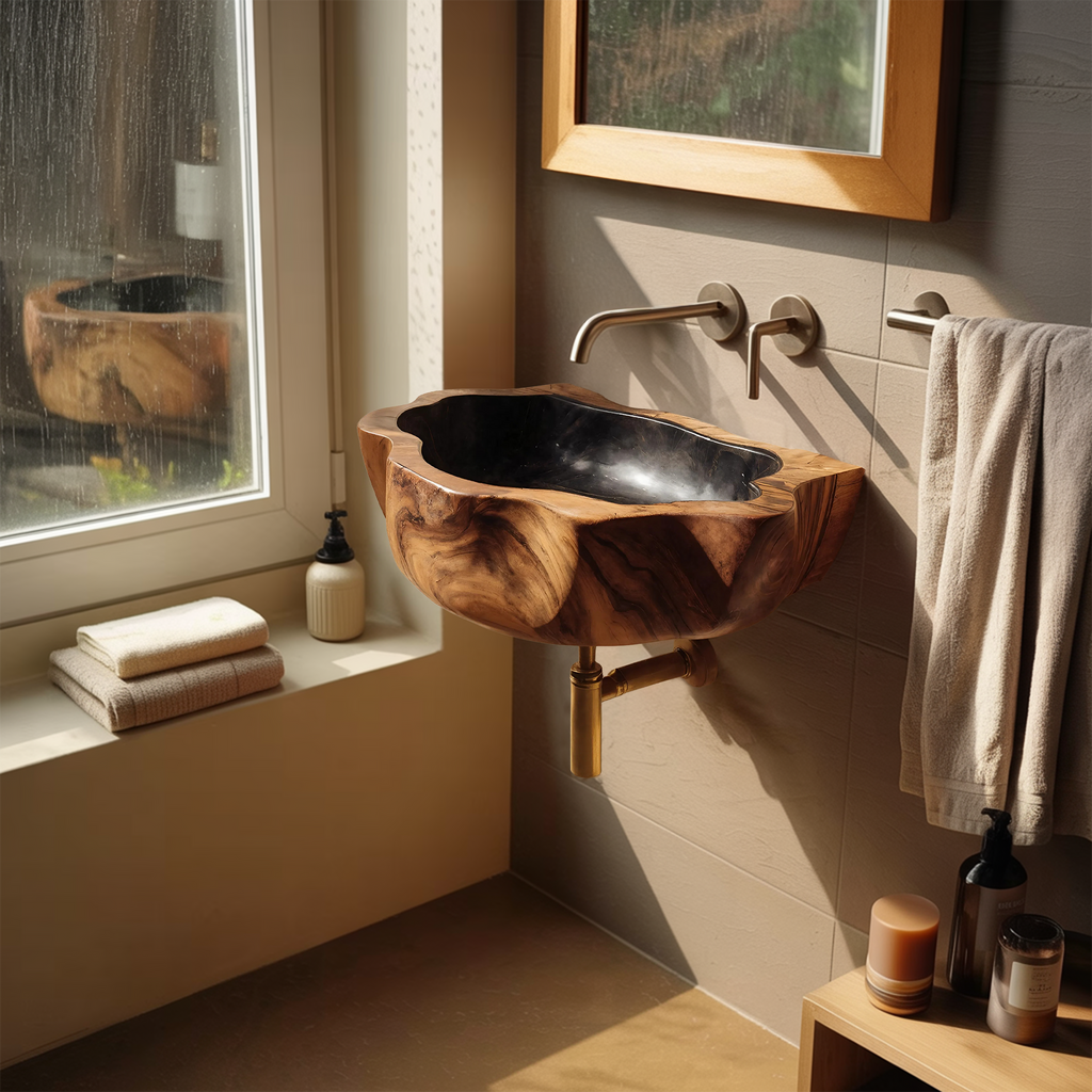 Handcrafted Wall Mounted Wooden Bathroom Sink For Natural Bathroom Decor