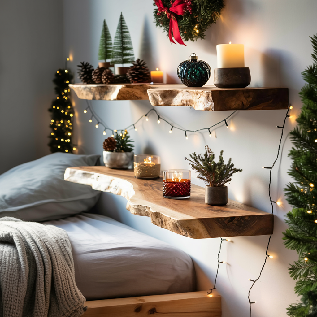Mid Century Wooden Floating Shelf For Cozy Christmas Bedroom Setup