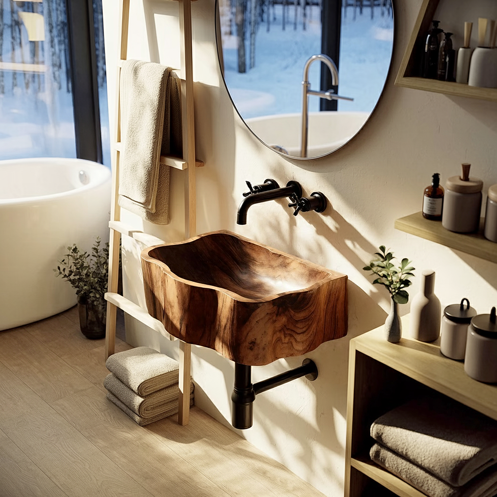 Handcrafted Wall Mounted Wooden Bathroom Sink For Artisan Bathroom Decor
