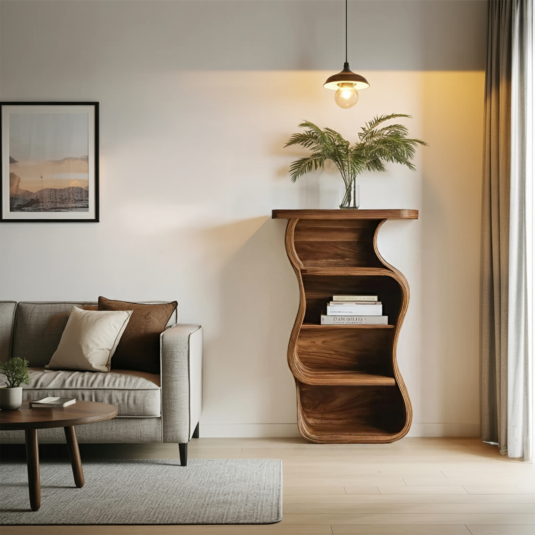Contemporary Nightstand Sculptural With Open Shelf For Bedroom