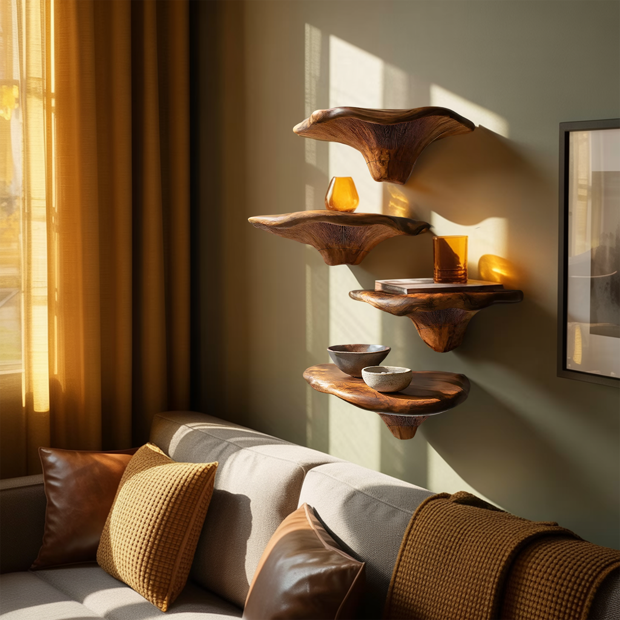 Handcrafted Wooden Live Edge Mushroom Shelf For Furniture Decor