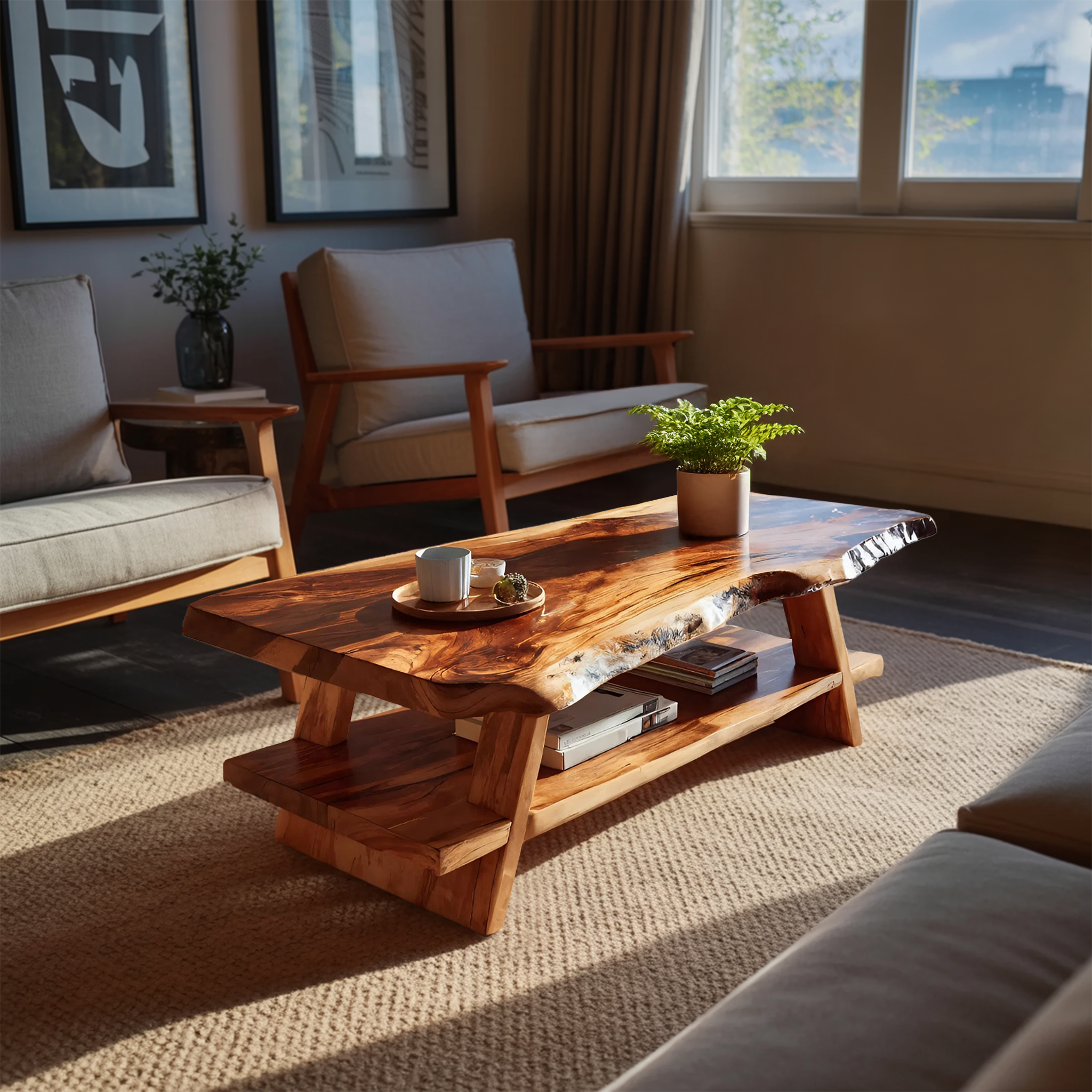 Handcrafted Coffee Table Live Edge And Lower Shelf For Living