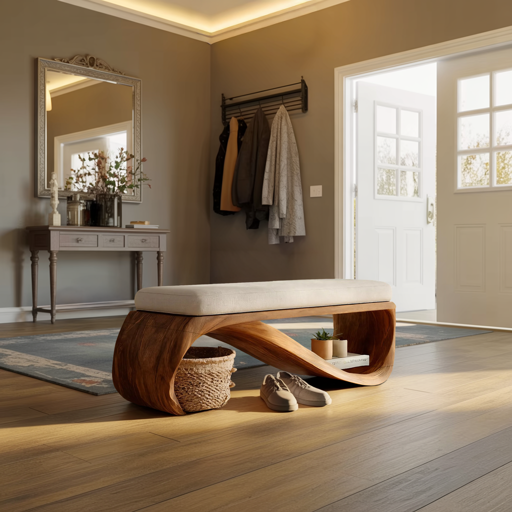 Mid Century Wooden Bench For End-of-Bed Placement