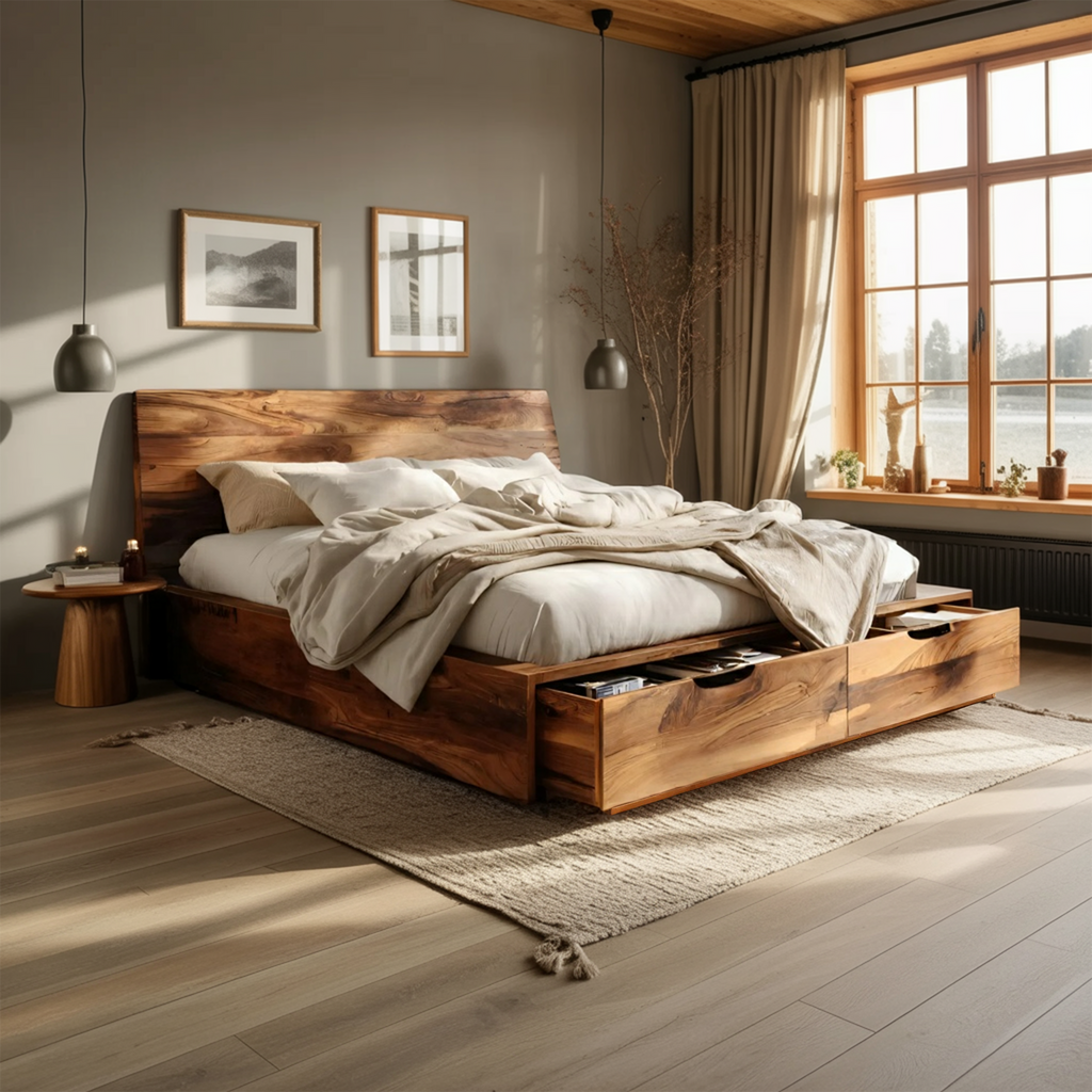 Contemporary Bed And Built-In Drawers For Bedroom