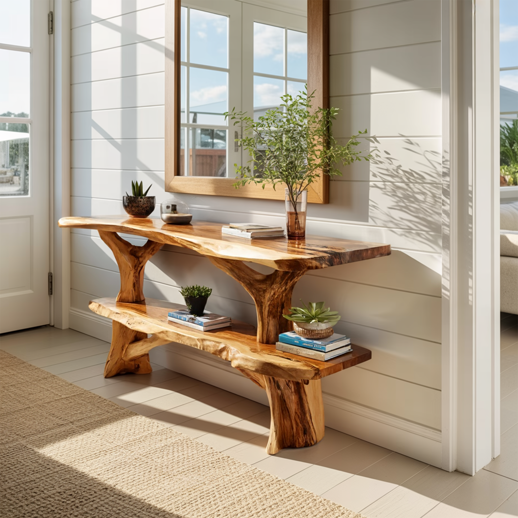 Mid Century Wooden Live Edge Console Table For Apartment Living Room