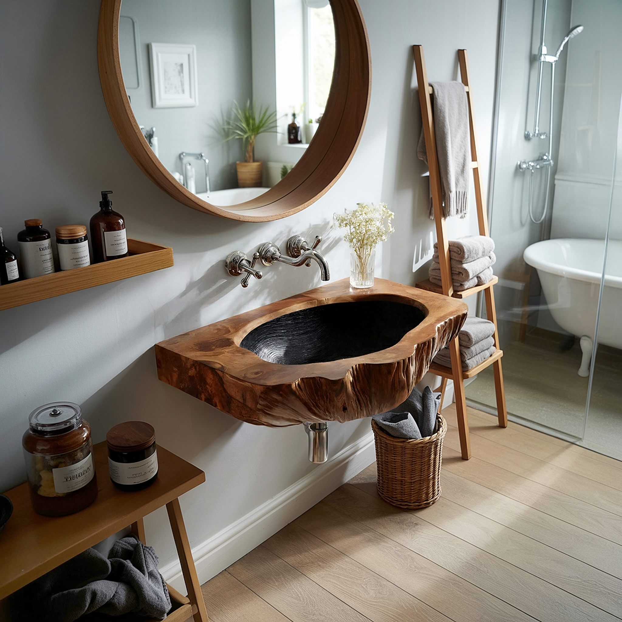 Mid Century Wall Mounted Wooden Bathroom Sink For Unique Bathroom Decor