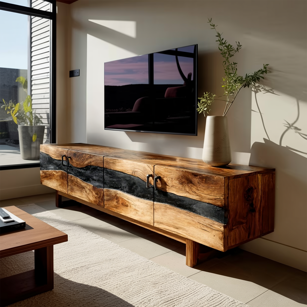 Mid Century Rustic Wooden TV Stand For Living Room