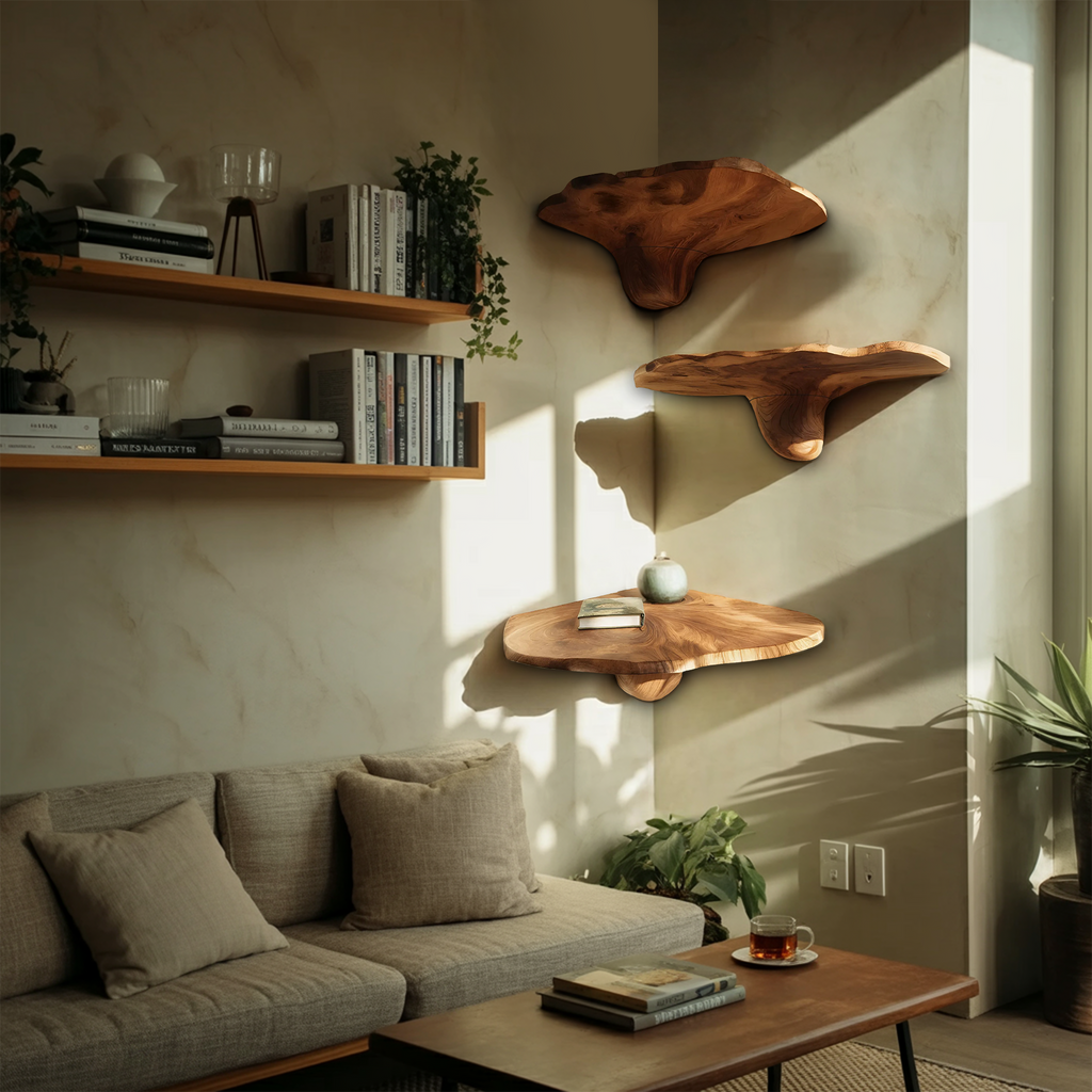 Farmhouse Wooden Live Edge Mushroom Shelf For Living Room Interior Decor