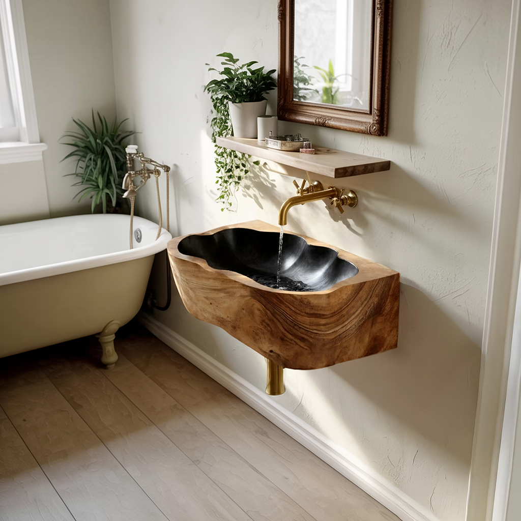 Mid Century Wall Mounted Wooden Bathroom Sink For Designer Bathroom Decor