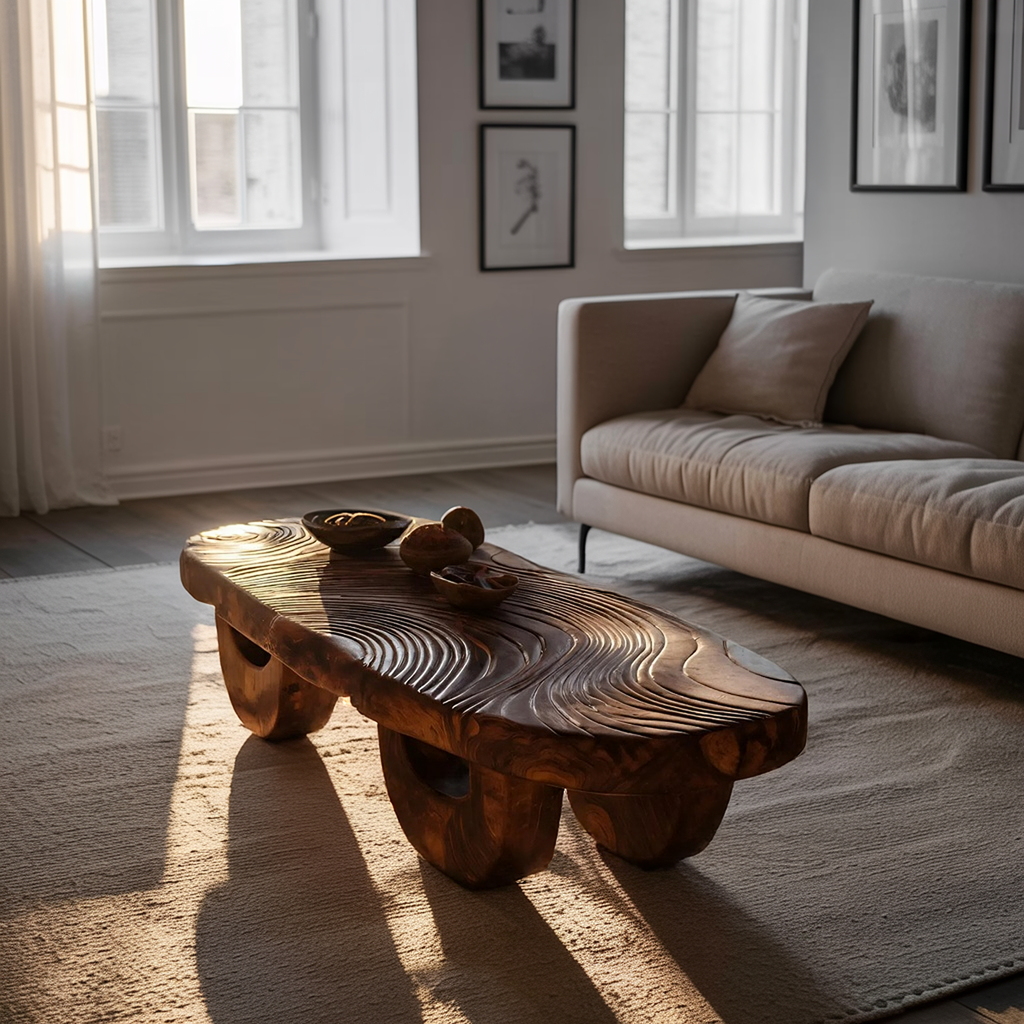 Mid Century Irregular Wooden Coffee Table For Living Room Decor