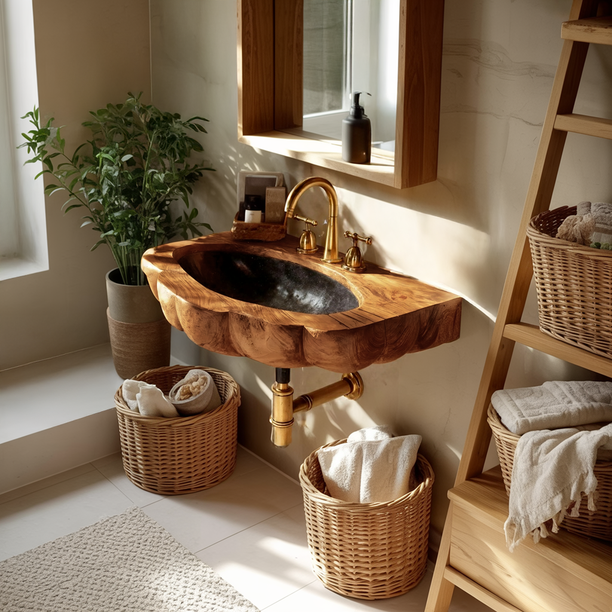 Handcrafted Wall Mounted Wooden Bathroom Sink For Premium Bathroom Design