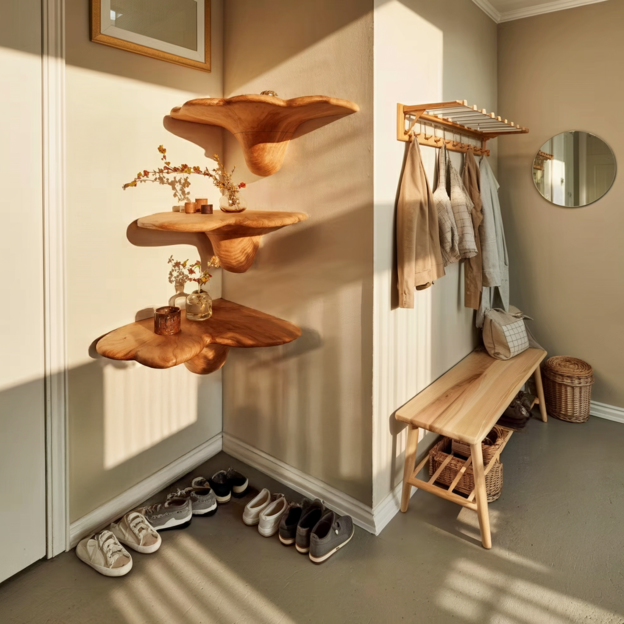 Handcrafted Solid Wood Mushroom Shelf For Bedroom Interior Decor