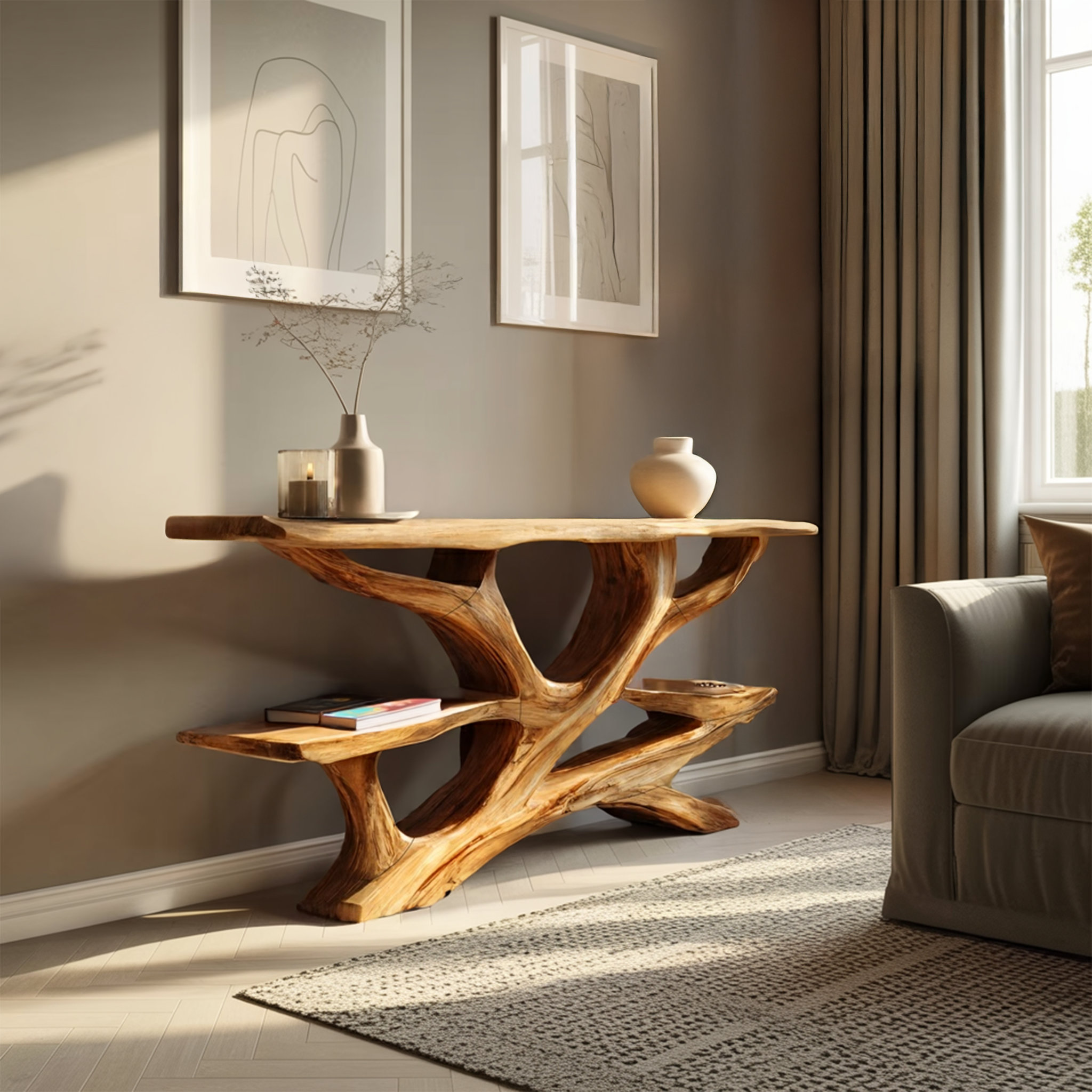 Mid Century Wooden Live Edge Console Table For Luxury Bedroom Decor