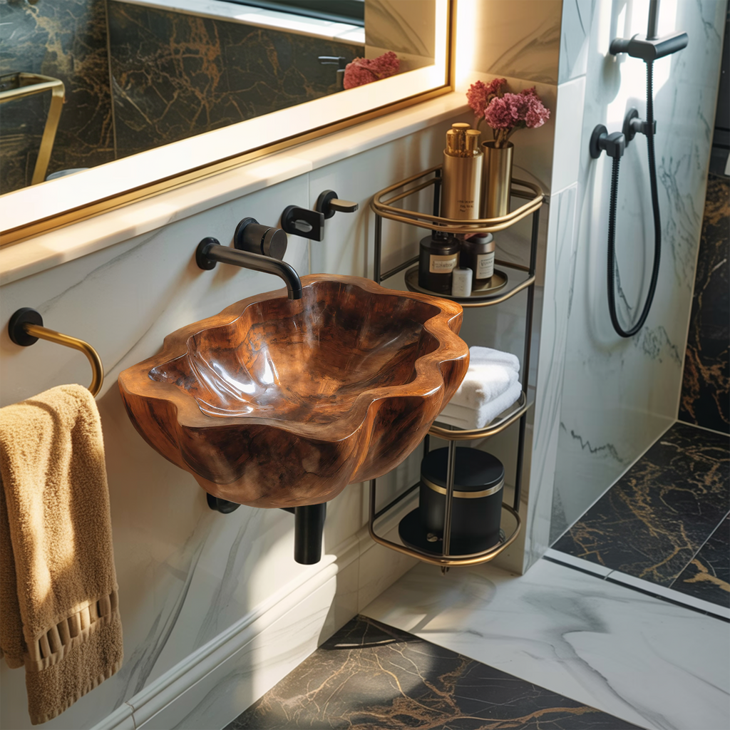 Handcrafted Solid Wood Wash Basin For Artistic Bathroom Interior Decor