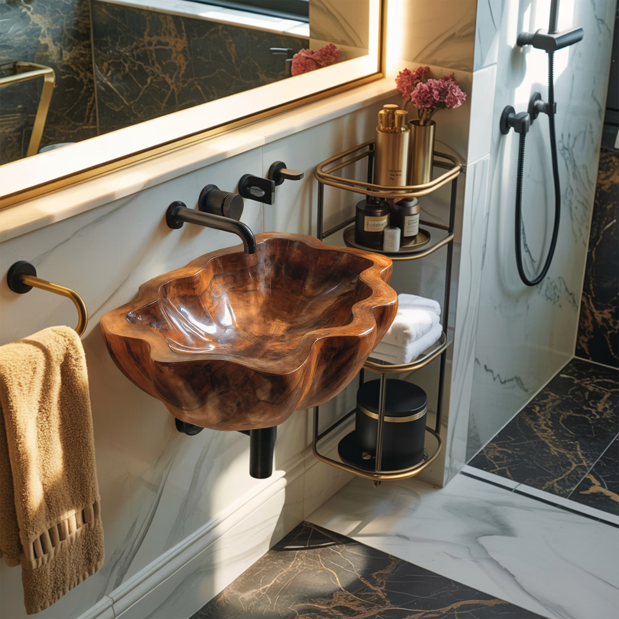 Handcrafted Solid Wood Wash Basin For Artistic Bathroom Interior Decor