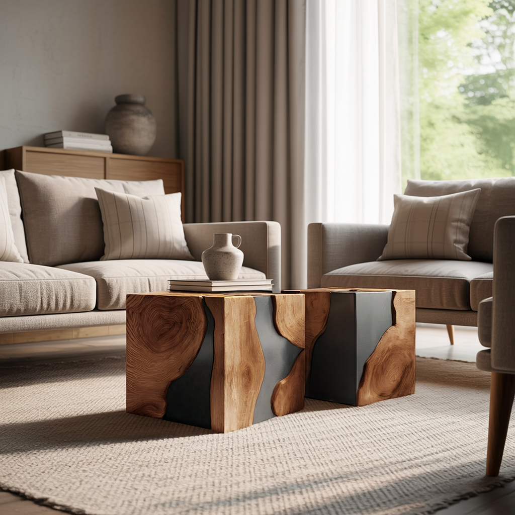 Mid Century Solid Wood Cube Coffee Table For Home Decor