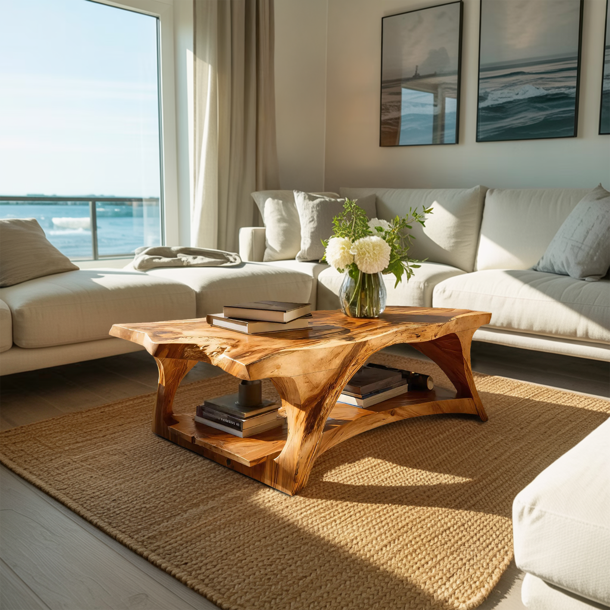 Handcrafted Coffee Table With Live Edge Legs For Living