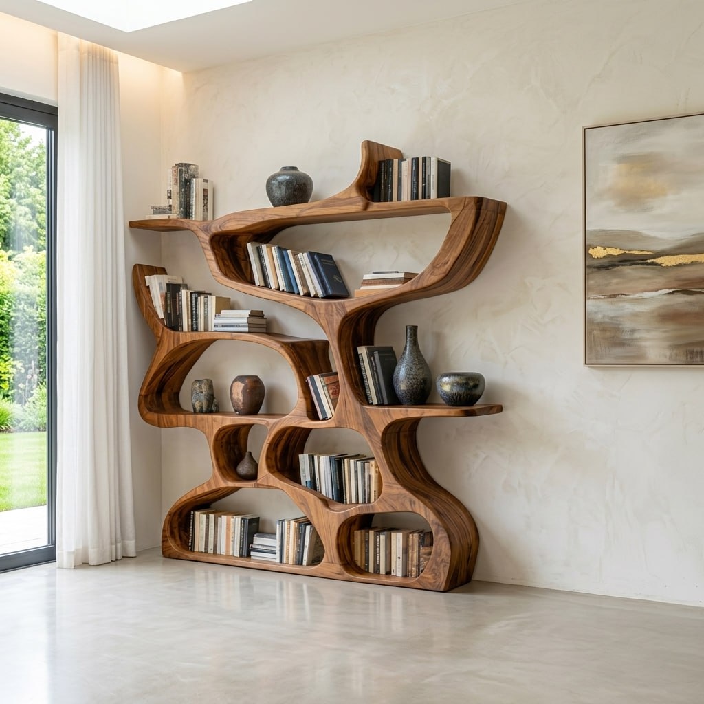Modern Bookshelf With Organic Carved Design For Living Room Or Office
