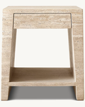 Luxury Beige Travertine Square Side Table with Integrated Drawer & Open Shelf 22×24in
