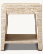Luxury Beige Travertine Square Side Table with Integrated Drawer & Open Shelf 22×24in