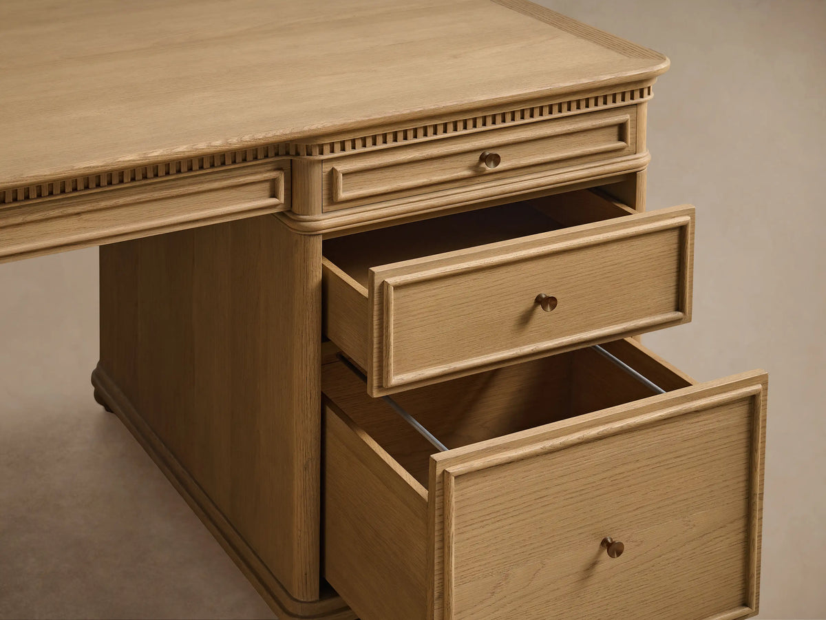 Carlisle Executive Desk with Storage Drawers and Shelving in Birch or White Oak