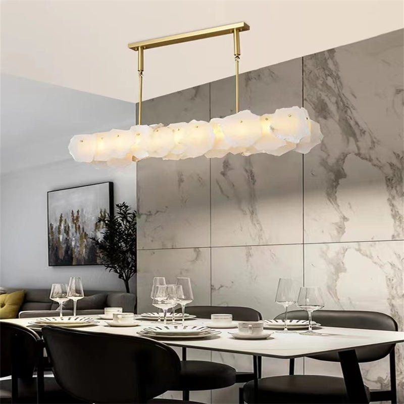 Carlos Alabaster Modern Snowflake Linear Chandelier Over Dining Table - casivra